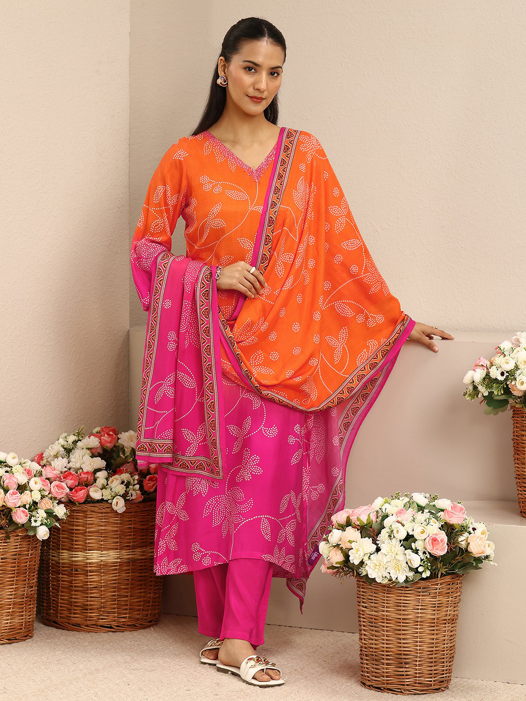 Vibrant Orange and Pink Printed Muslin Kurta Set with Trousers and Dupatta