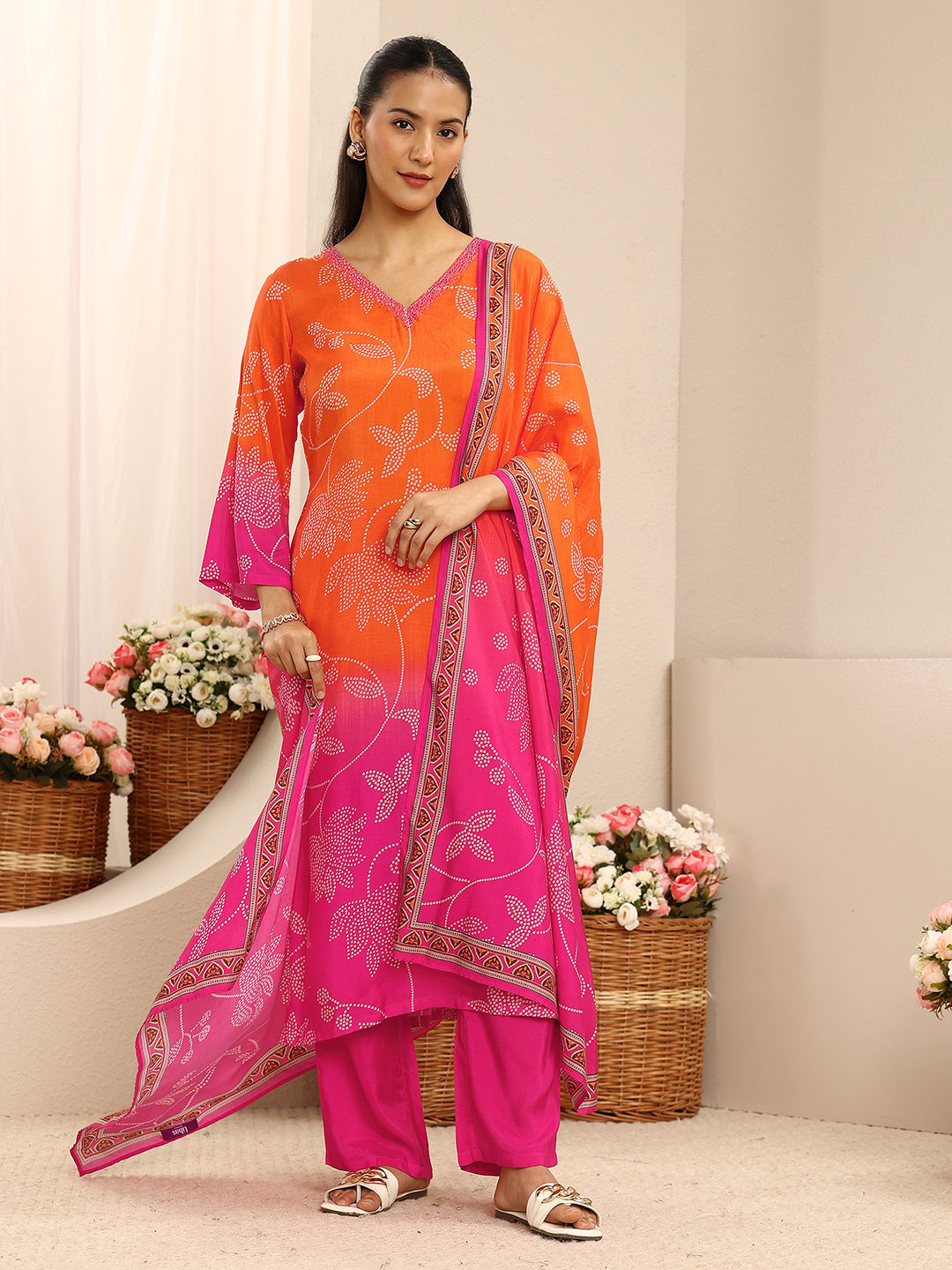 Vibrant Orange and Pink Printed Muslin Kurta Set with Trousers and Dupatta