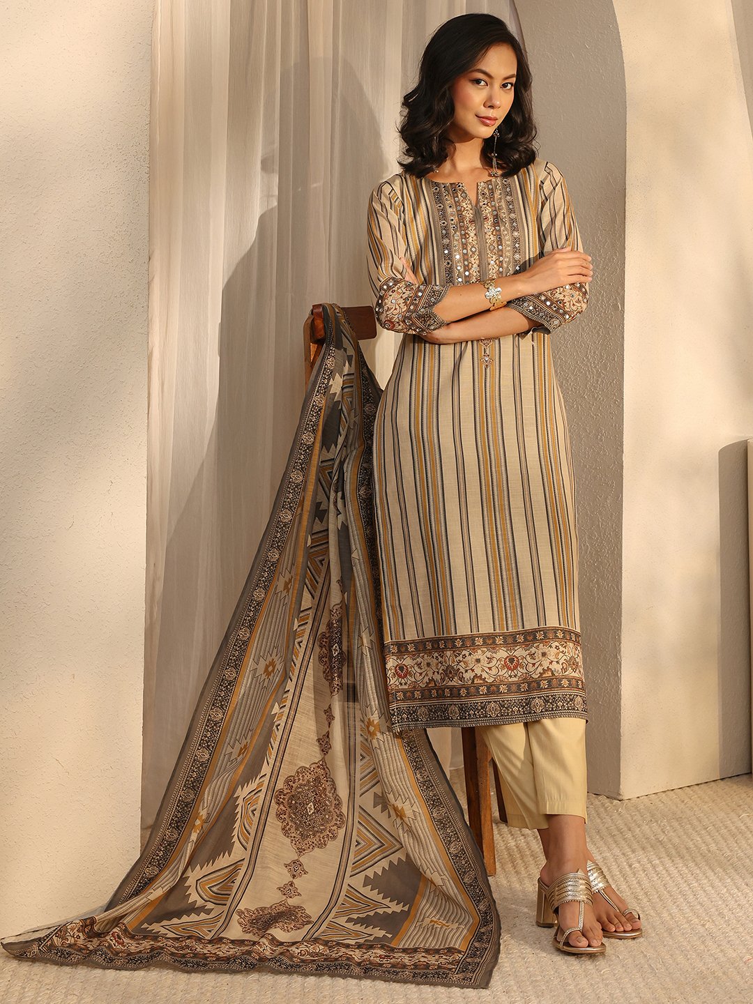 Beige Striped Kurta Pants Dupatta Set with Mirror Work Comfort