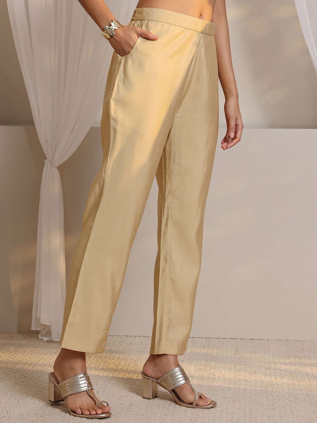 Beige Striped Kurta Pants Dupatta Set with Mirror Work Comfort