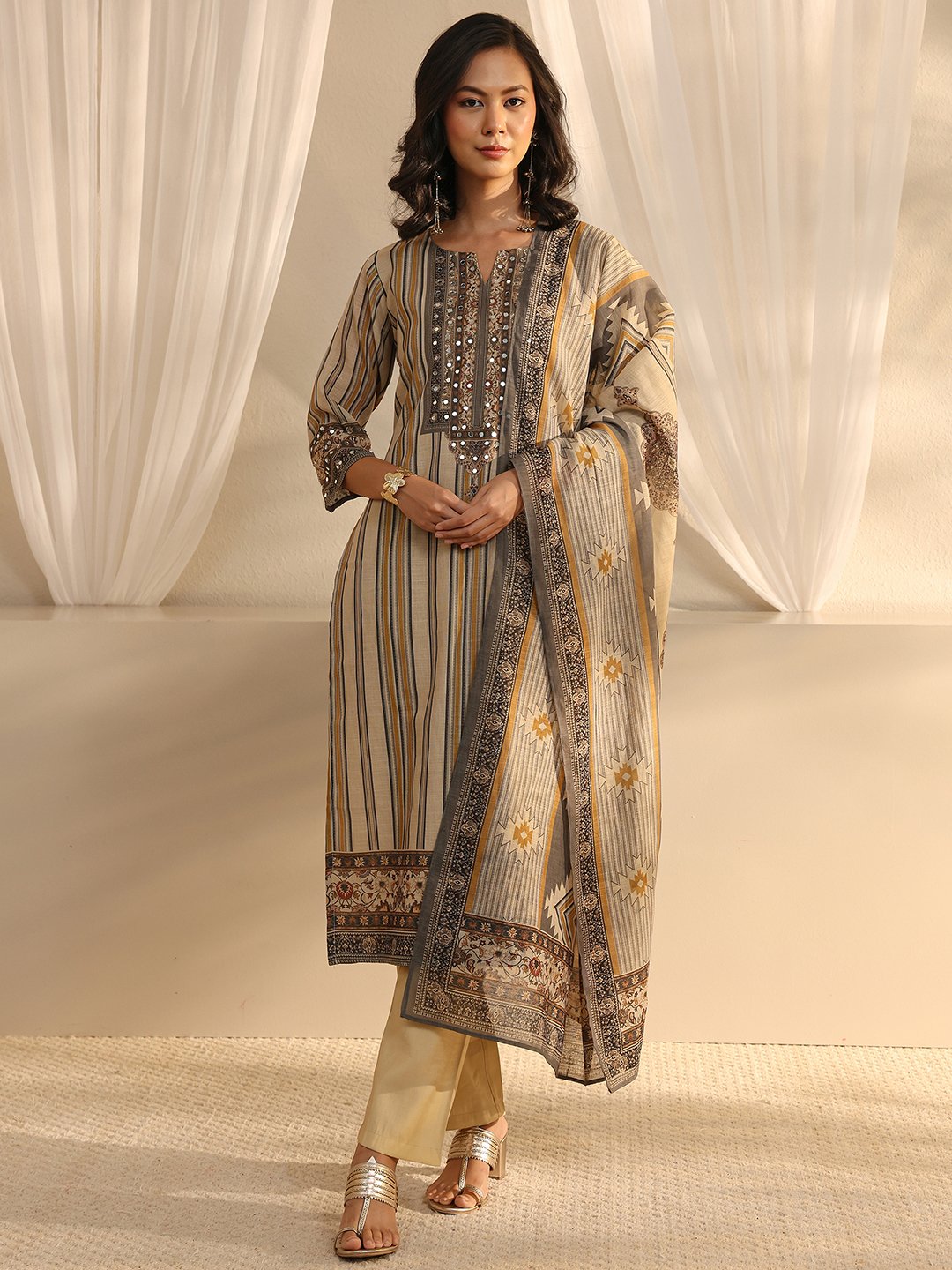 Beige Striped Kurta Pants Dupatta Set with Mirror Work Comfort
