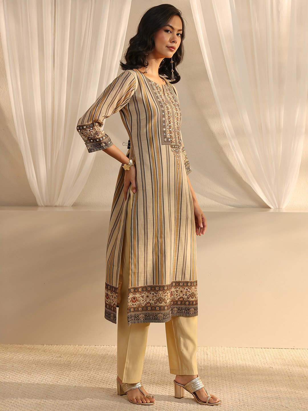 Beige Striped Kurta Pants Dupatta Set with Mirror Work Comfort