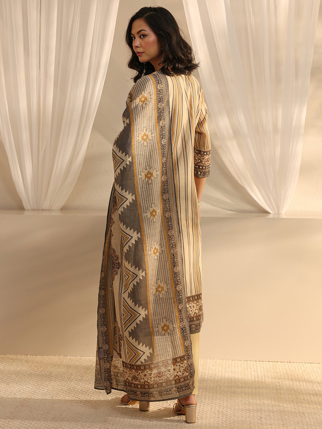 Beige Striped Kurta Pants Dupatta Set with Mirror Work Comfort