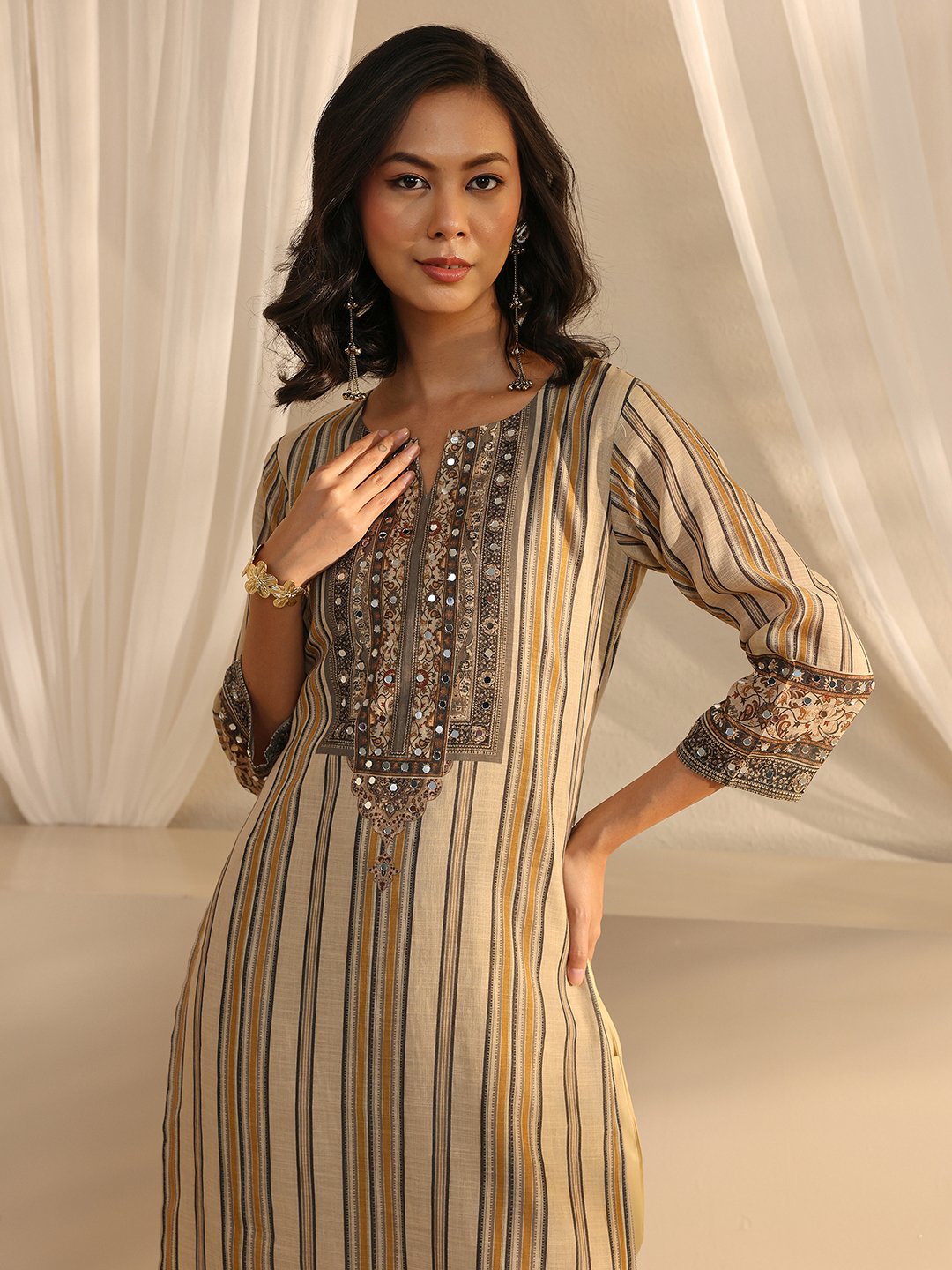 Beige Striped Kurta Pants Dupatta Set with Mirror Work Comfort