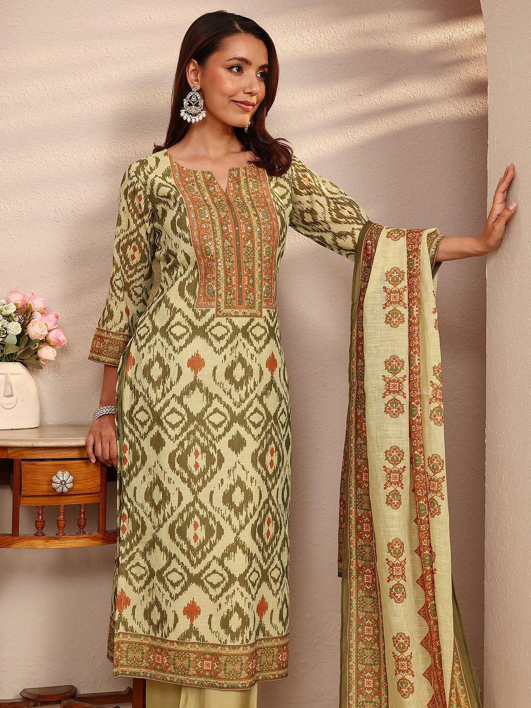 Olive Green Geometric Print Kurta Set with Dupatta