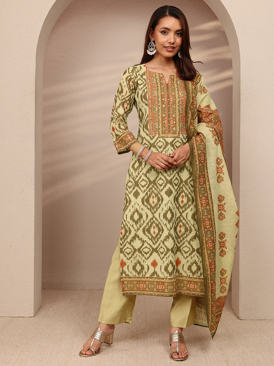 Olive Green Geometric Print Kurta Set with Dupatta