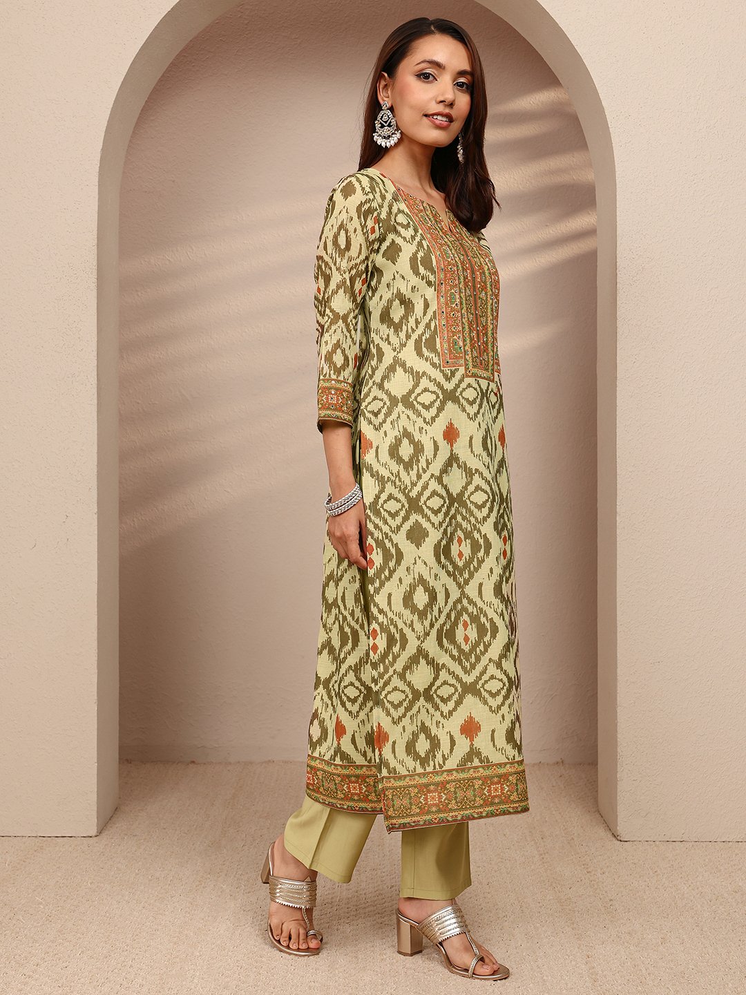 Olive Green Geometric Print Kurta Set with Dupatta