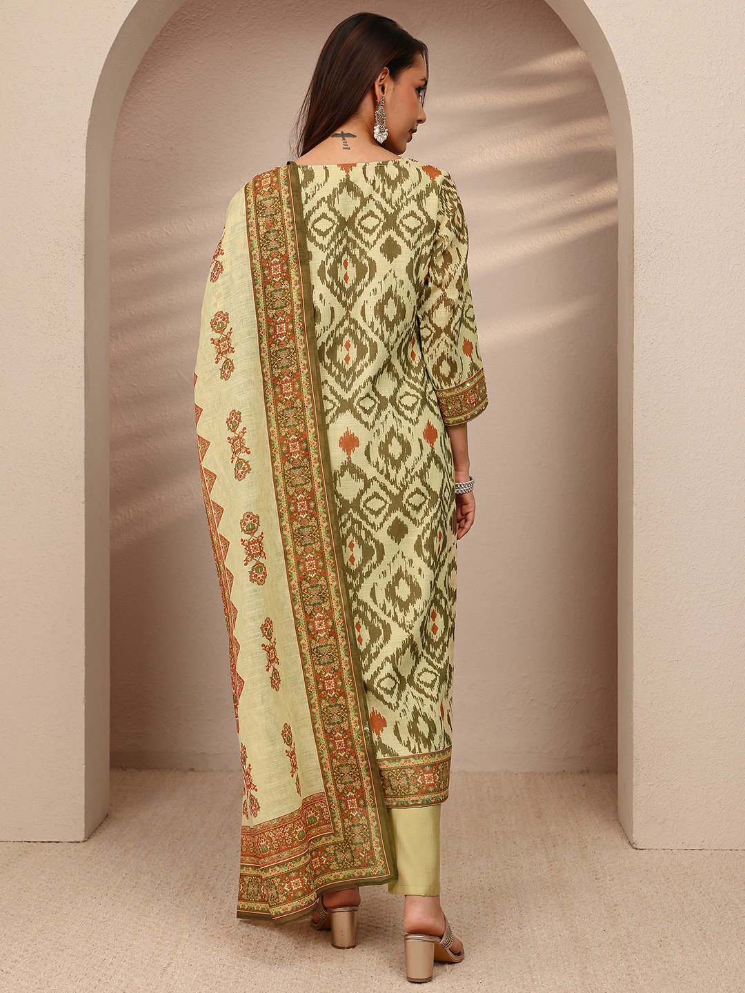 Olive Green Geometric Print Kurta Set with Dupatta