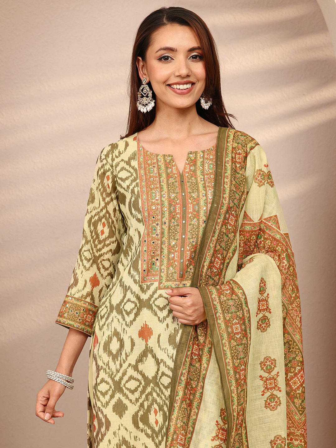 Olive Green Geometric Print Kurta Set with Dupatta