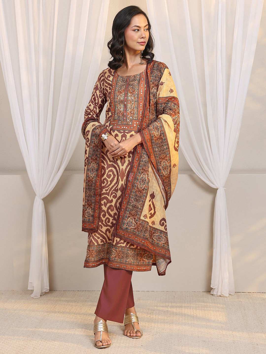 Beige Printed Cotton Blend Kurta Set with Trousers and Dupatta