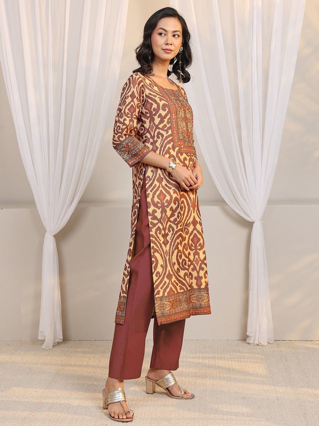 Beige Printed Cotton Blend Kurta Set with Trousers and Dupatta