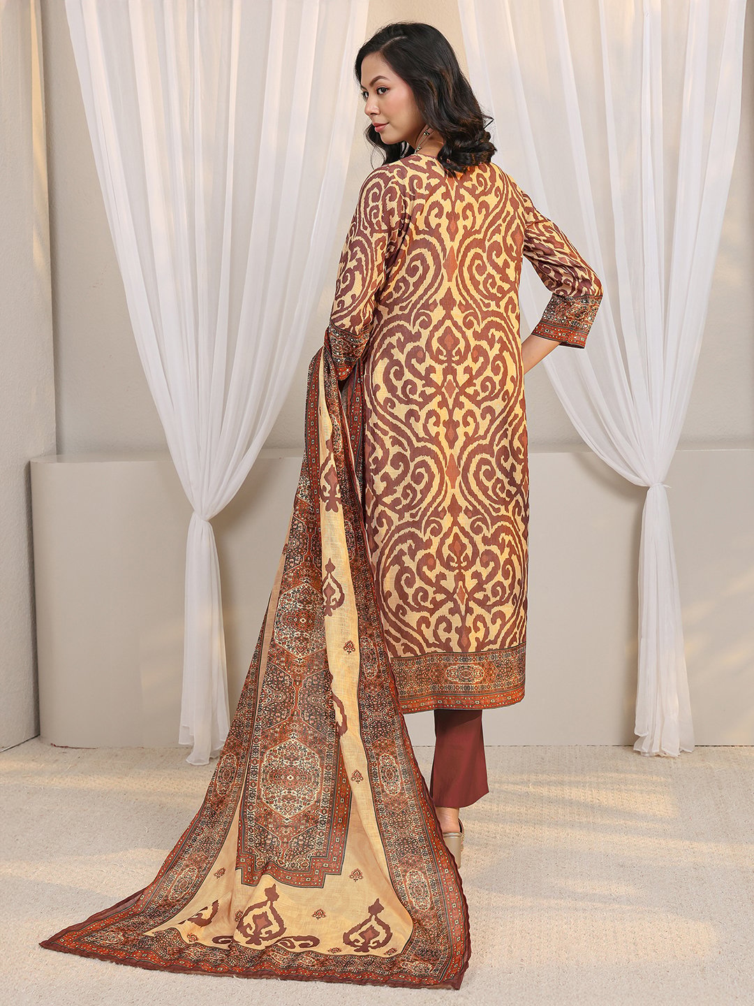 Beige Printed Cotton Blend Kurta Set with Trousers and Dupatta