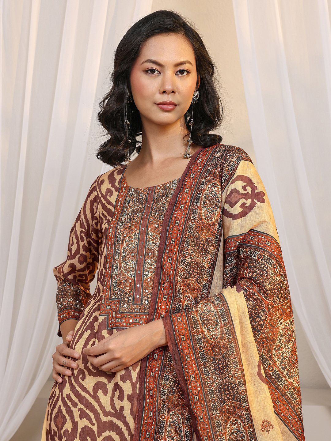 Beige Printed Cotton Blend Kurta Set with Trousers and Dupatta