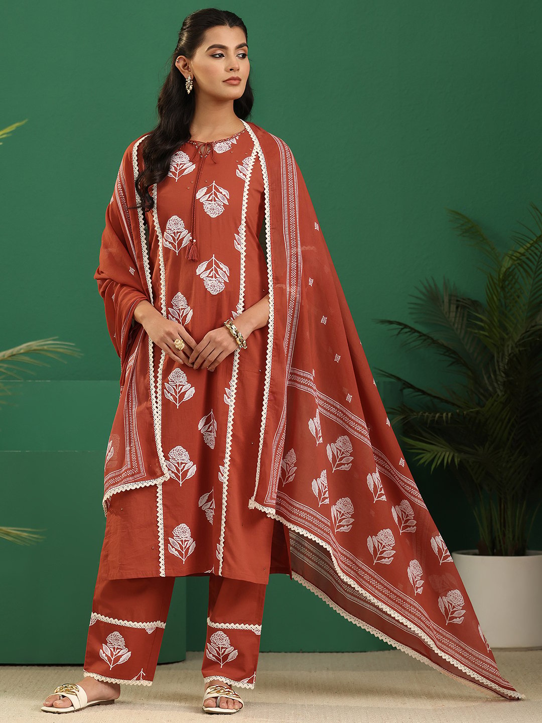 Rust Floral Printed Kurta Pants Dupatta Set with Tie-Up Neck