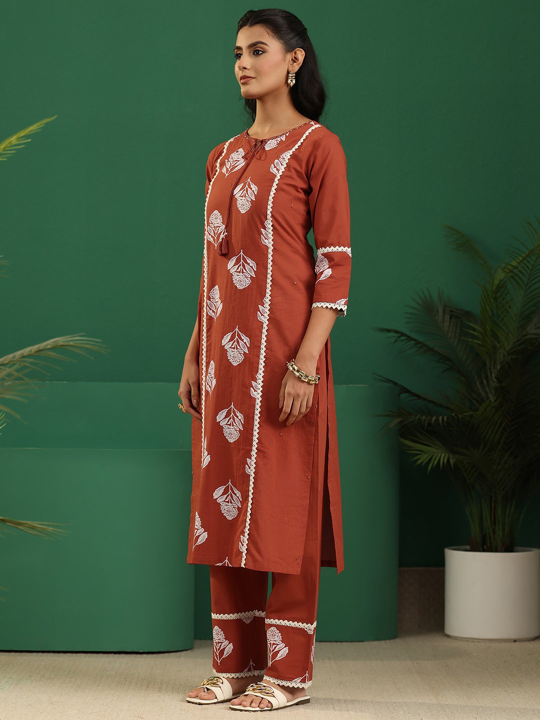 Rust Floral Printed Kurta Pants Dupatta Set with Tie-Up Neck