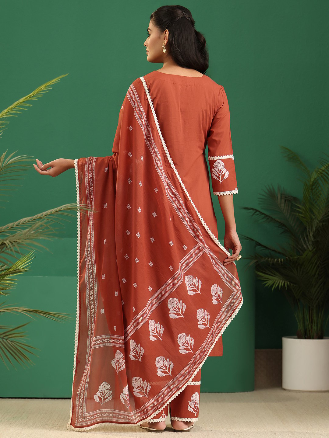 Rust Floral Printed Kurta Pants Dupatta Set with Tie-Up Neck