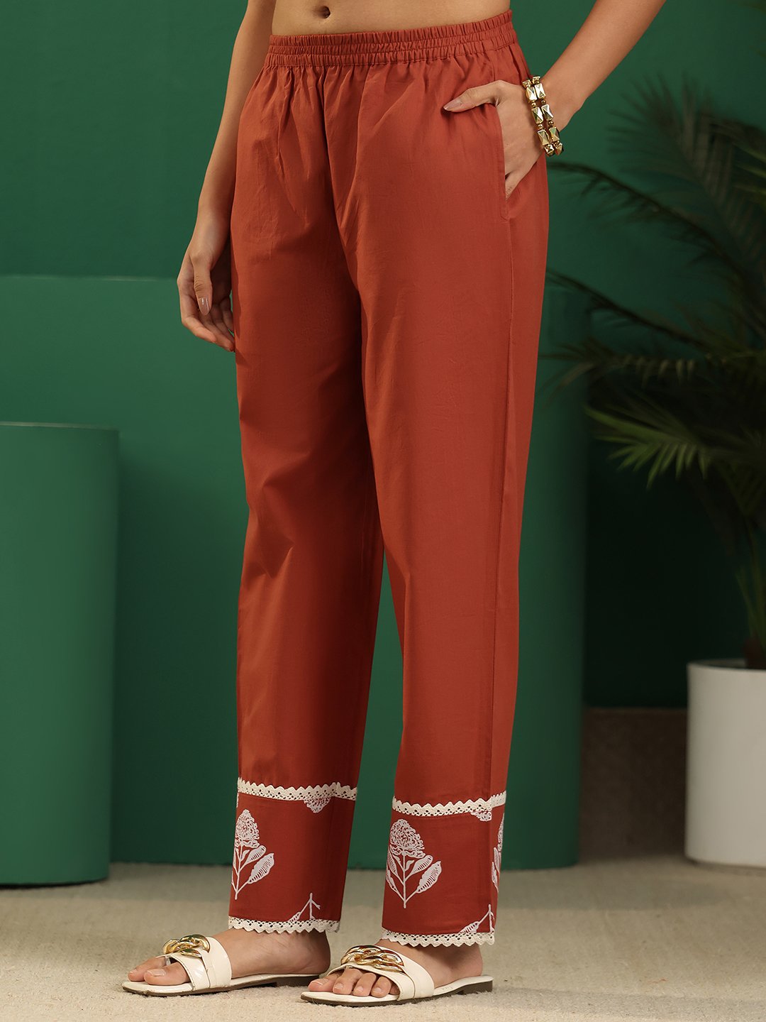 Rust Floral Printed Kurta Pants Dupatta Set with Tie-Up Neck
