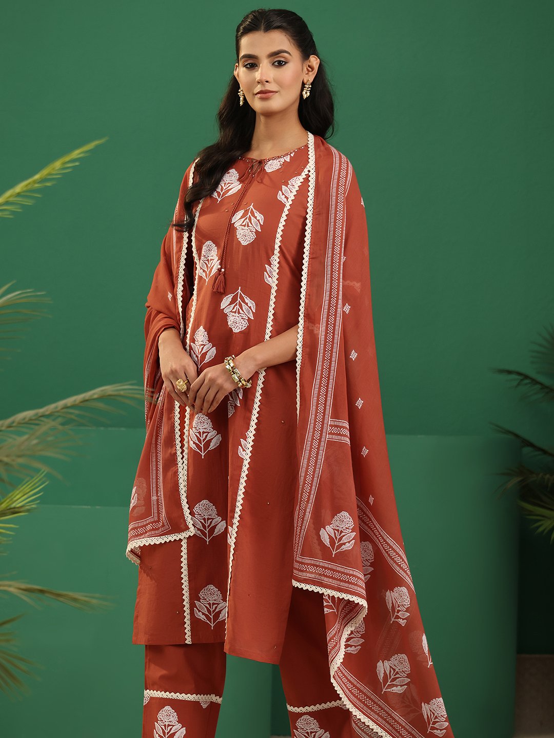 Rust Floral Printed Kurta Pants Dupatta Set with Tie-Up Neck