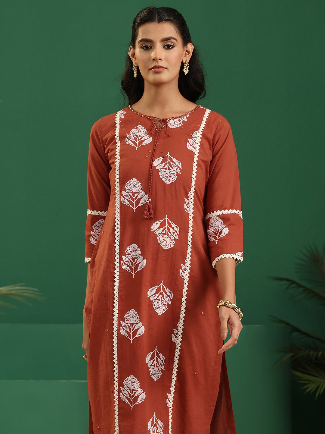 Rust Floral Printed Kurta Pants Dupatta Set with Tie-Up Neck