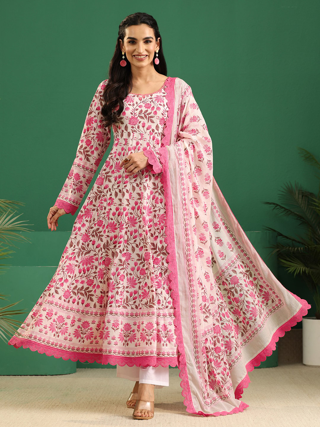 White and Pink Floral Cotton Anarkali Kurta Set with Dupatta