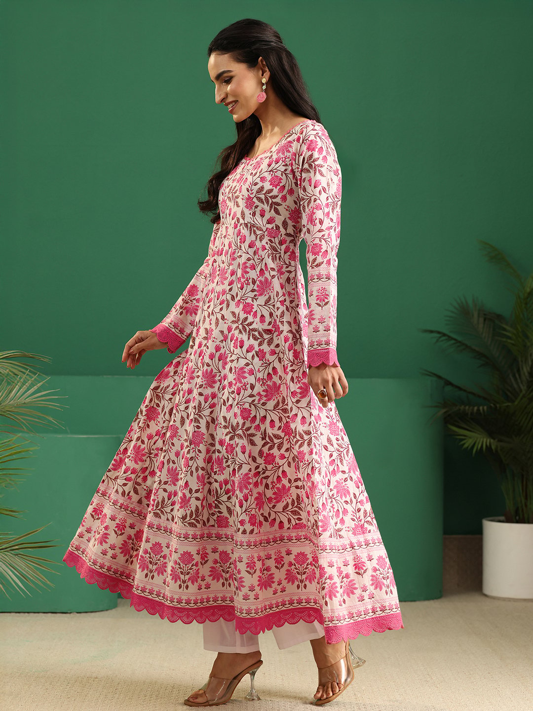 White and Pink Floral Cotton Anarkali Kurta Set with Dupatta