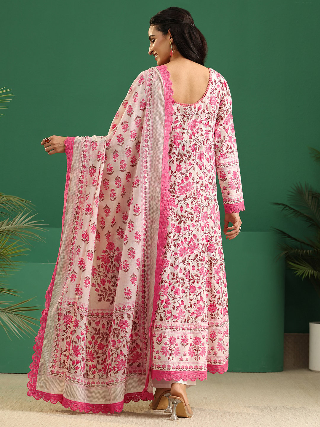 White and Pink Floral Cotton Anarkali Kurta Set with Dupatta