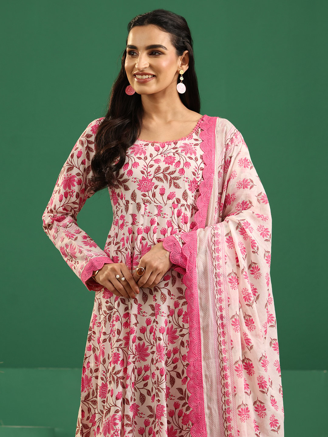 White and Pink Floral Cotton Anarkali Kurta Set with Dupatta