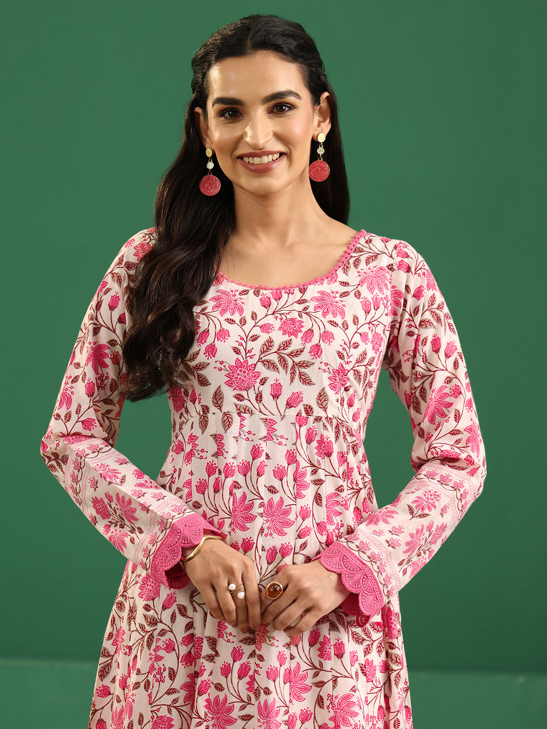 White and Pink Floral Cotton Anarkali Kurta Set with Dupatta