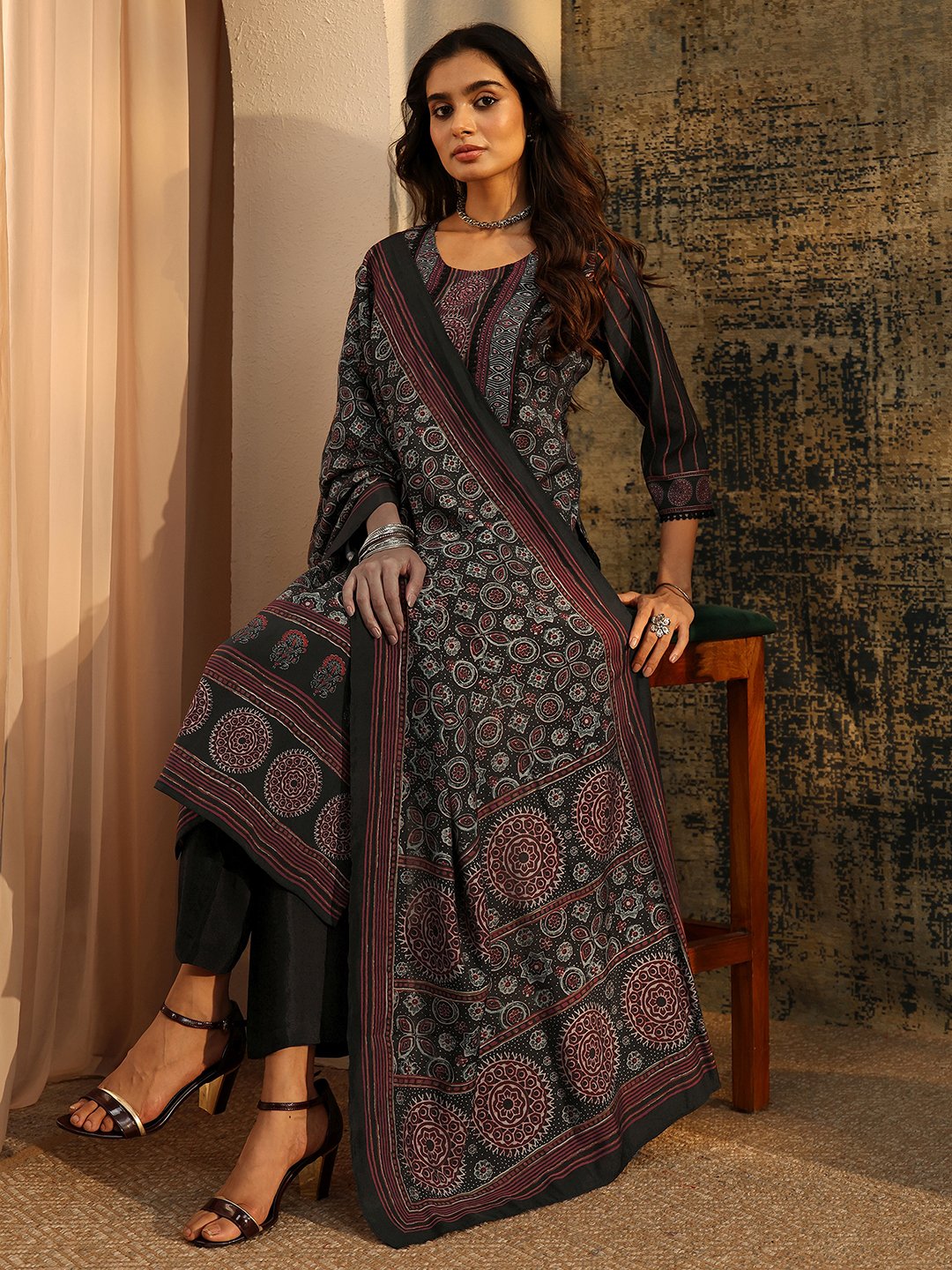 Black Printed Silk Blend Kurta Set with Dupatta