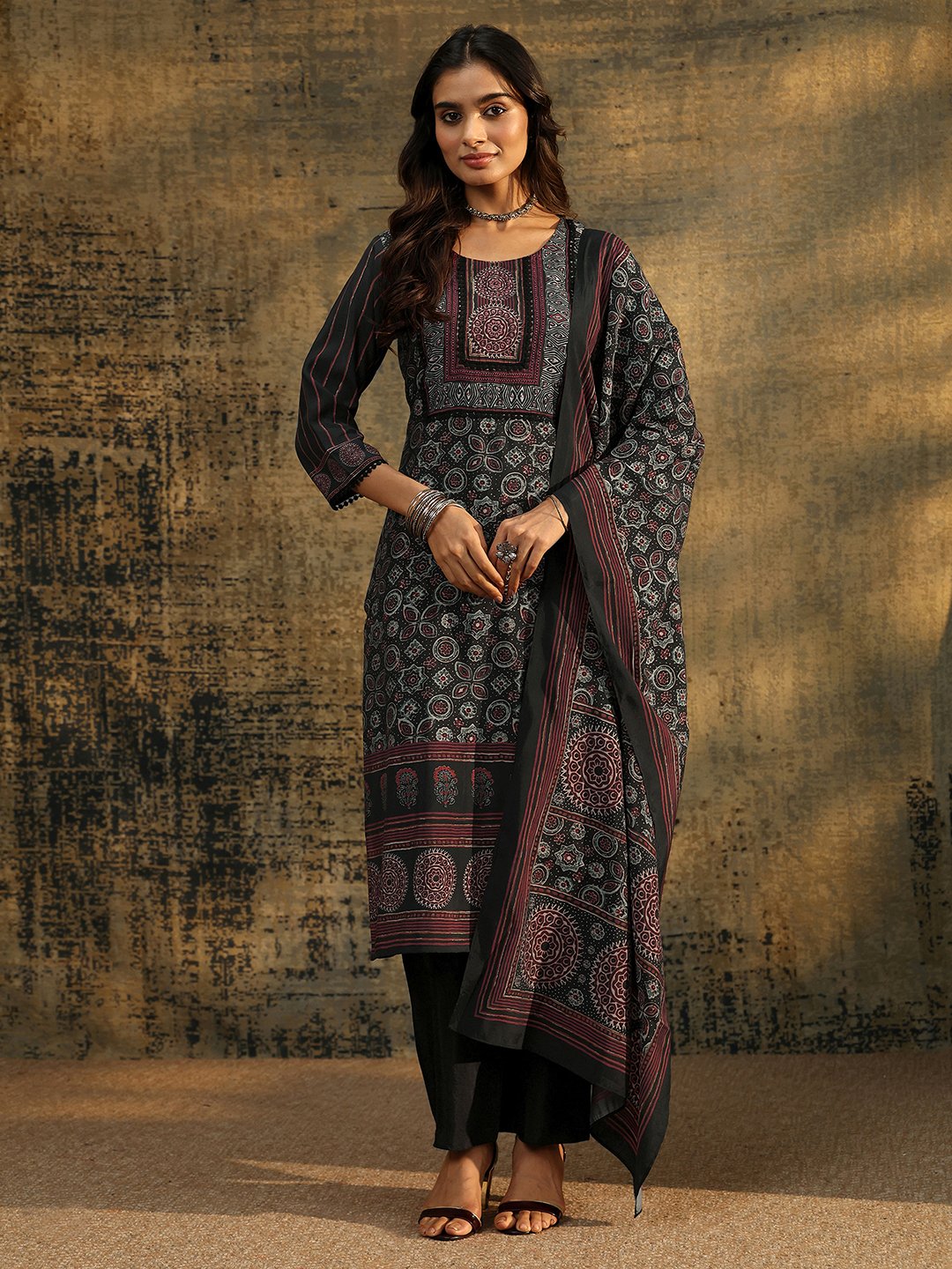 Black Printed Silk Blend Kurta Set with Dupatta