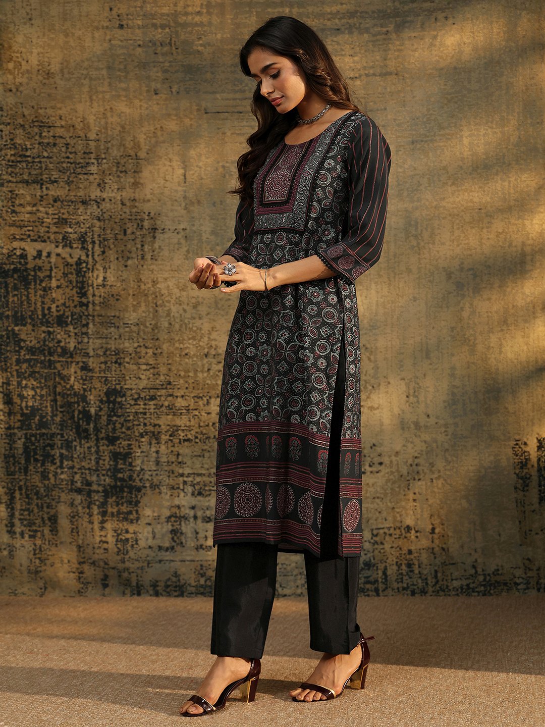 Black Printed Silk Blend Kurta Set with Dupatta