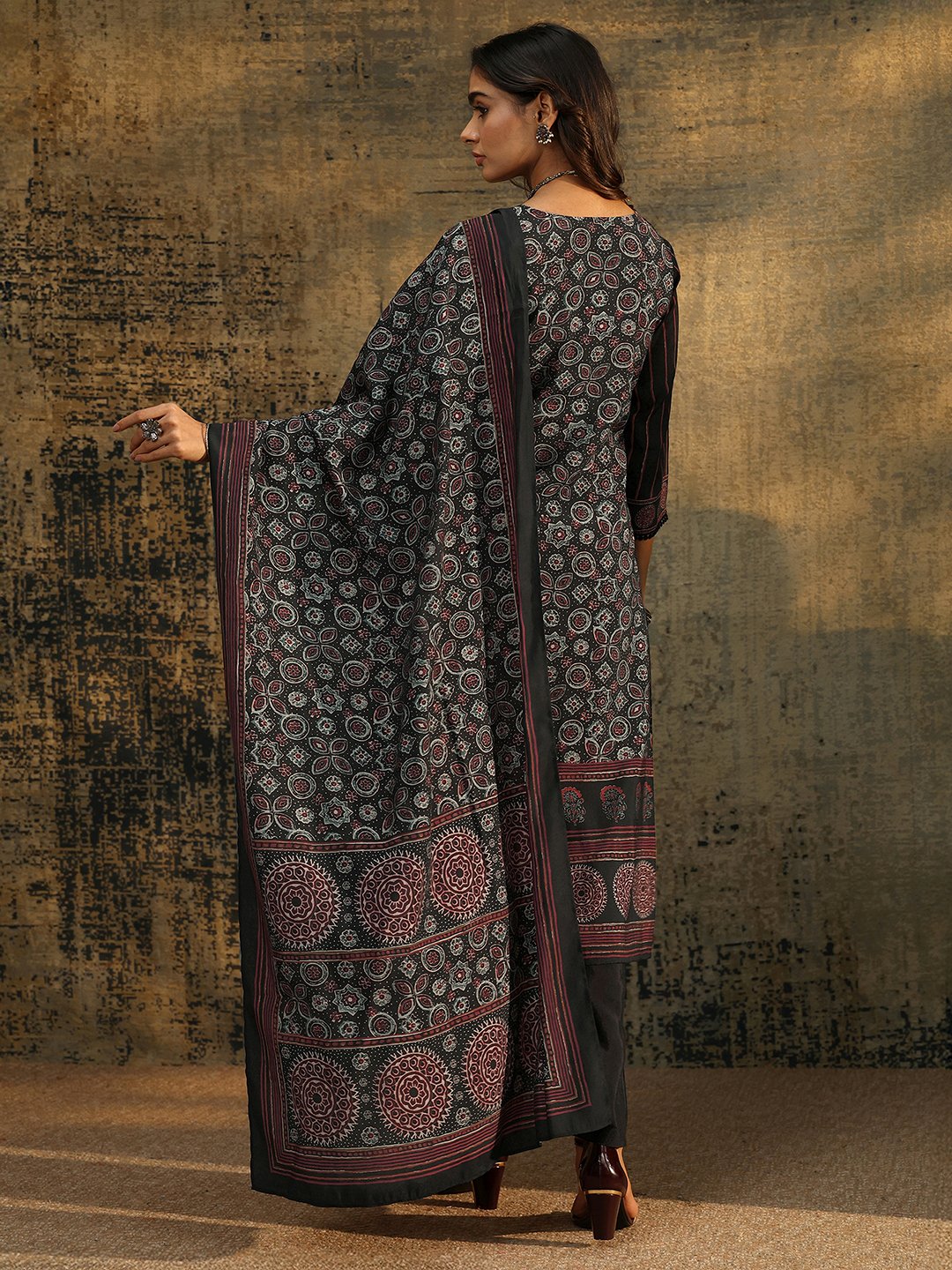 Black Printed Silk Blend Kurta Set with Dupatta
