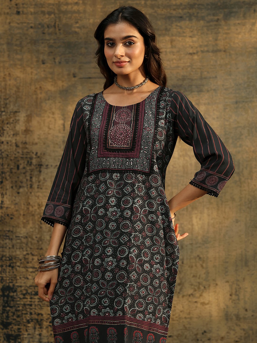 Black Printed Silk Blend Kurta Set with Dupatta