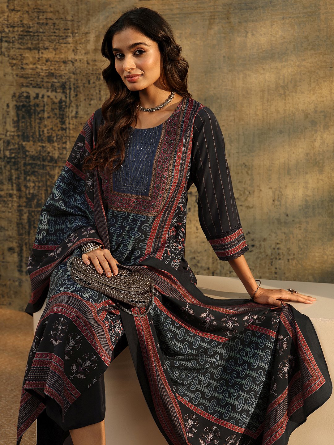 Navy Blue Printed Silk Blend Kurta Set with Dupatta