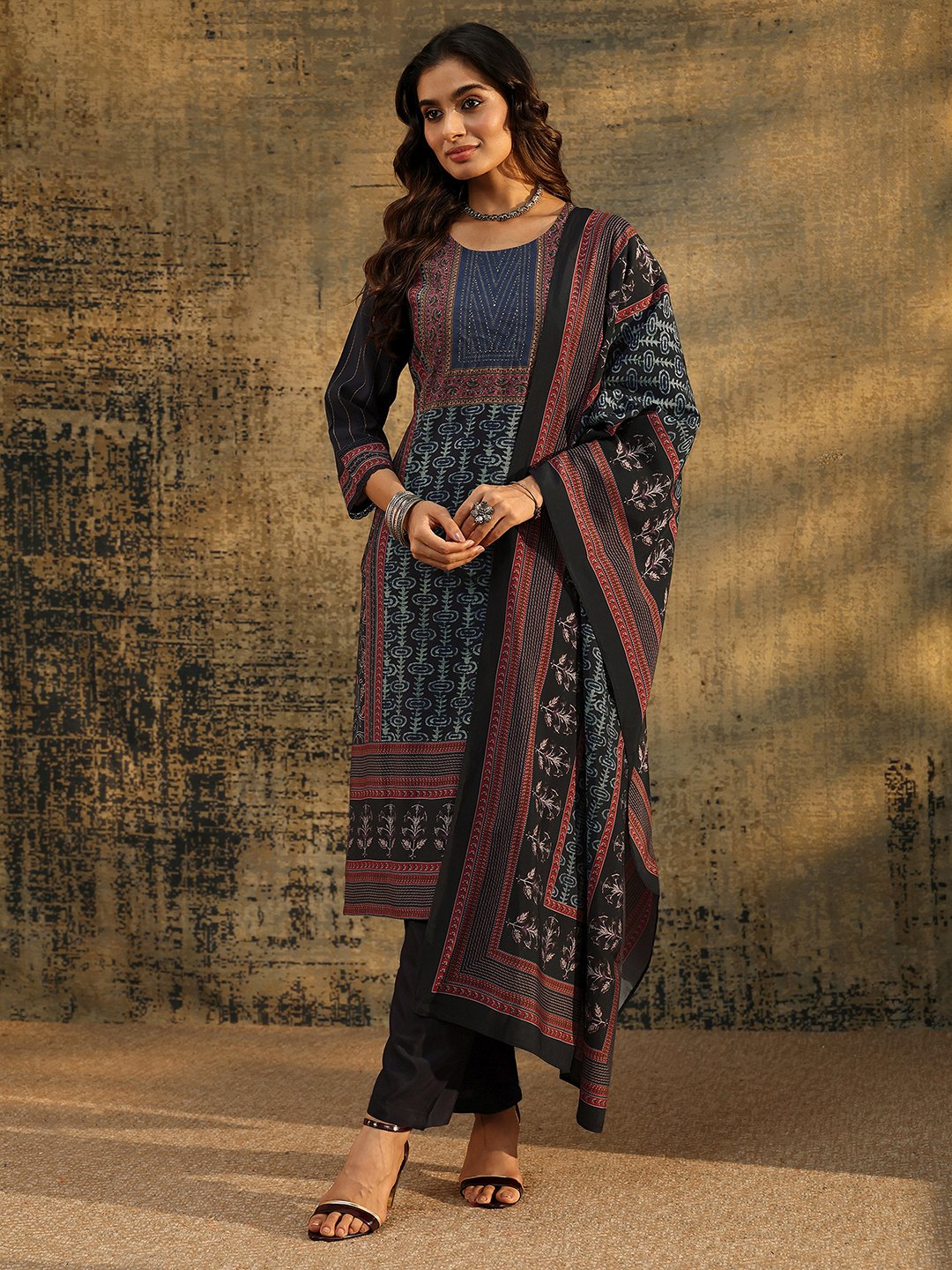Navy Blue Printed Silk Blend Kurta Set with Dupatta