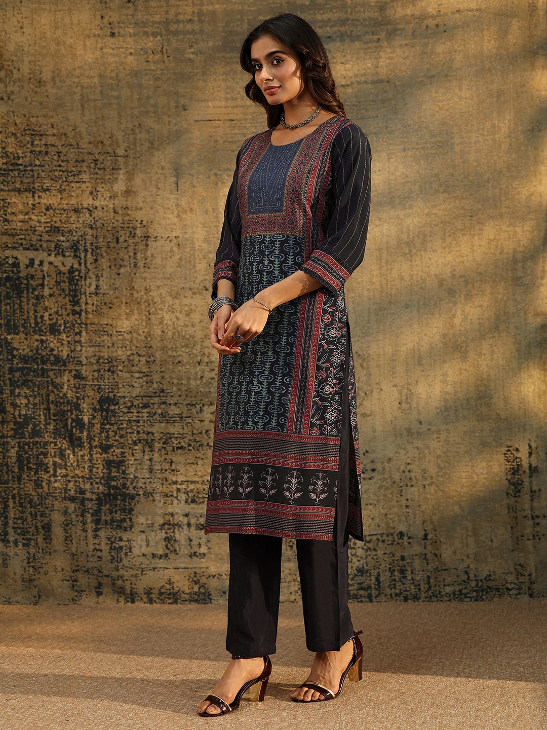 Navy Blue Printed Silk Blend Kurta Set with Dupatta