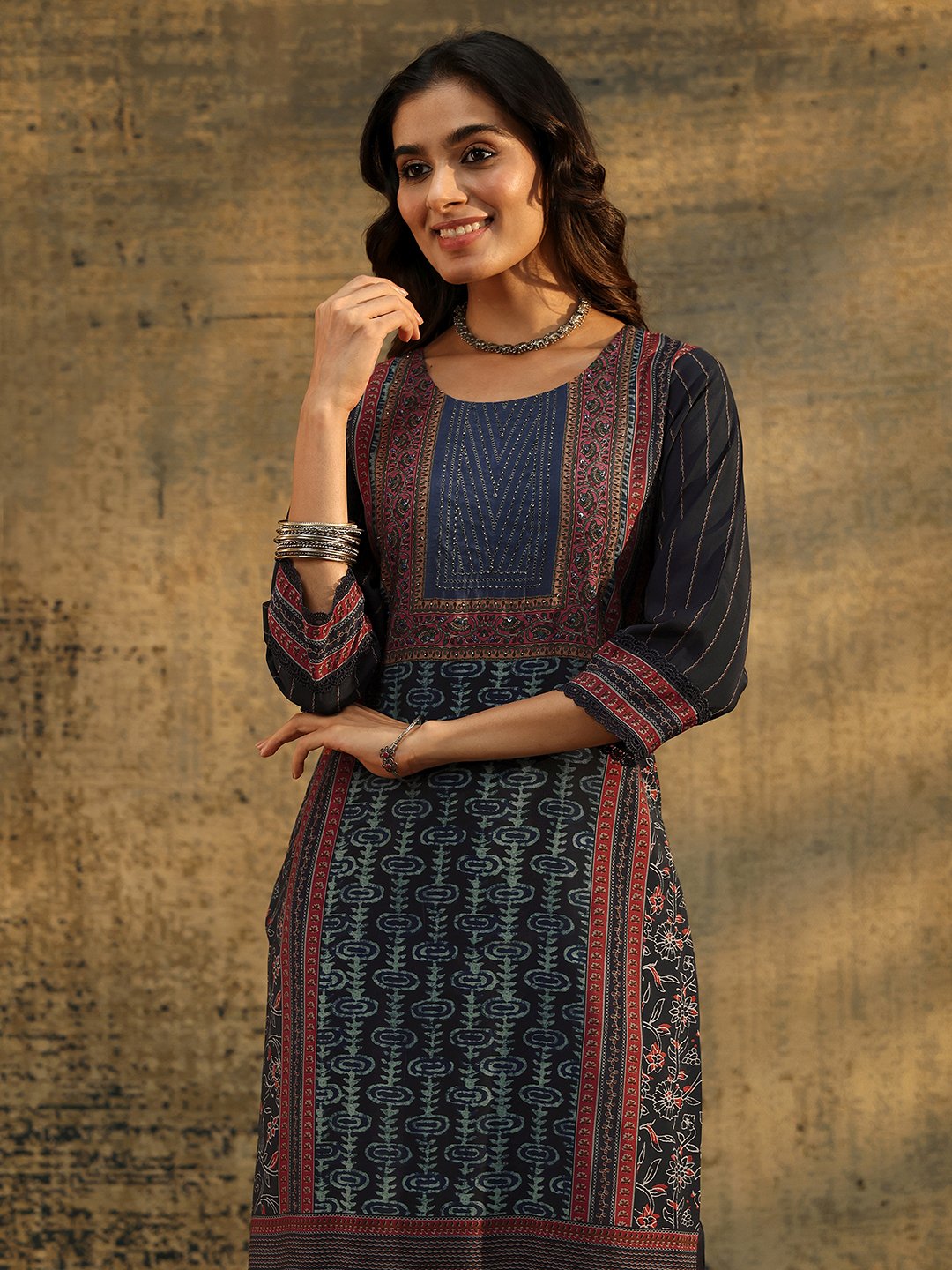Navy Blue Printed Silk Blend Kurta Set with Dupatta