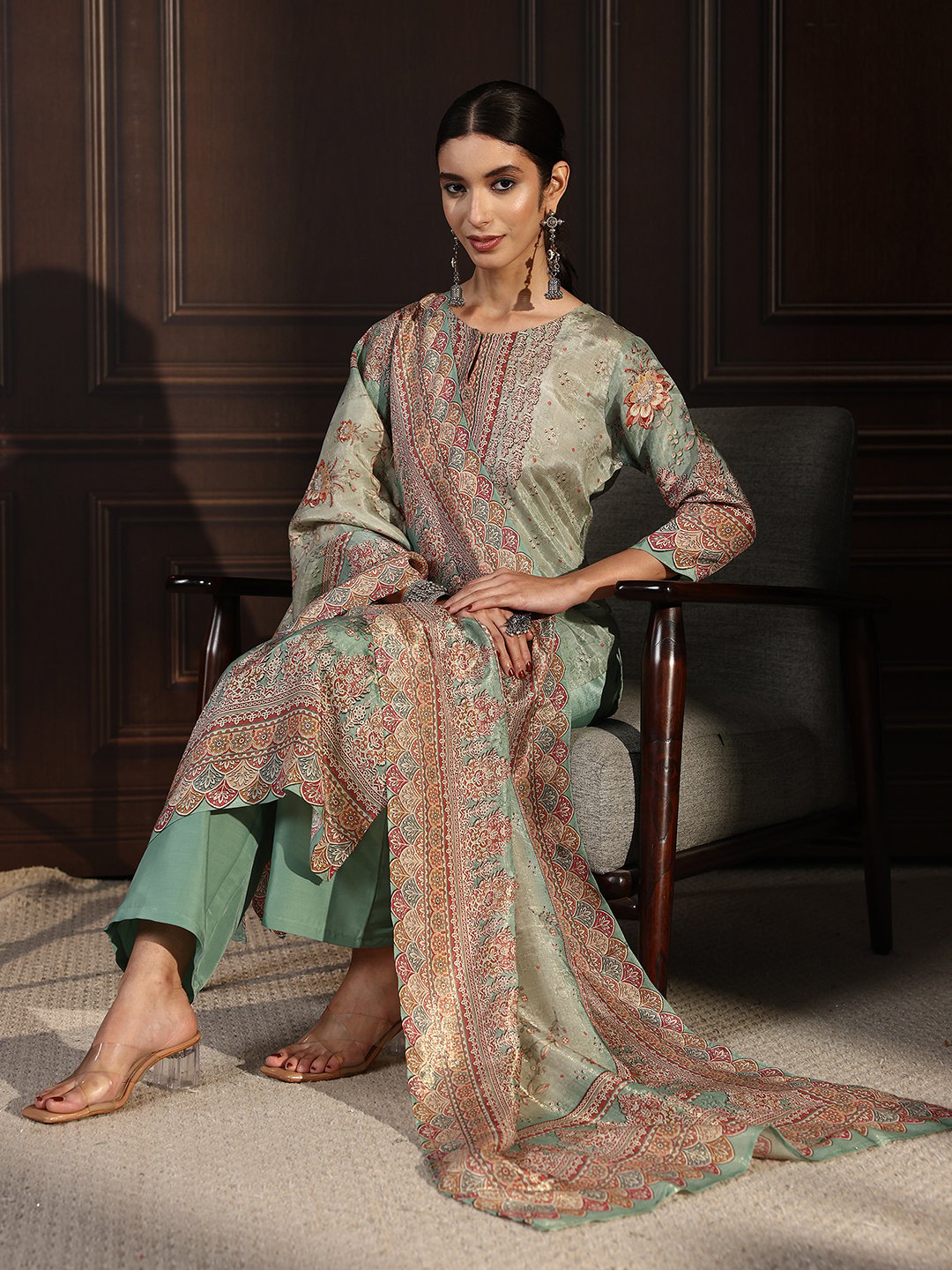 Green Printed Kurta Pants Dupatta Set
