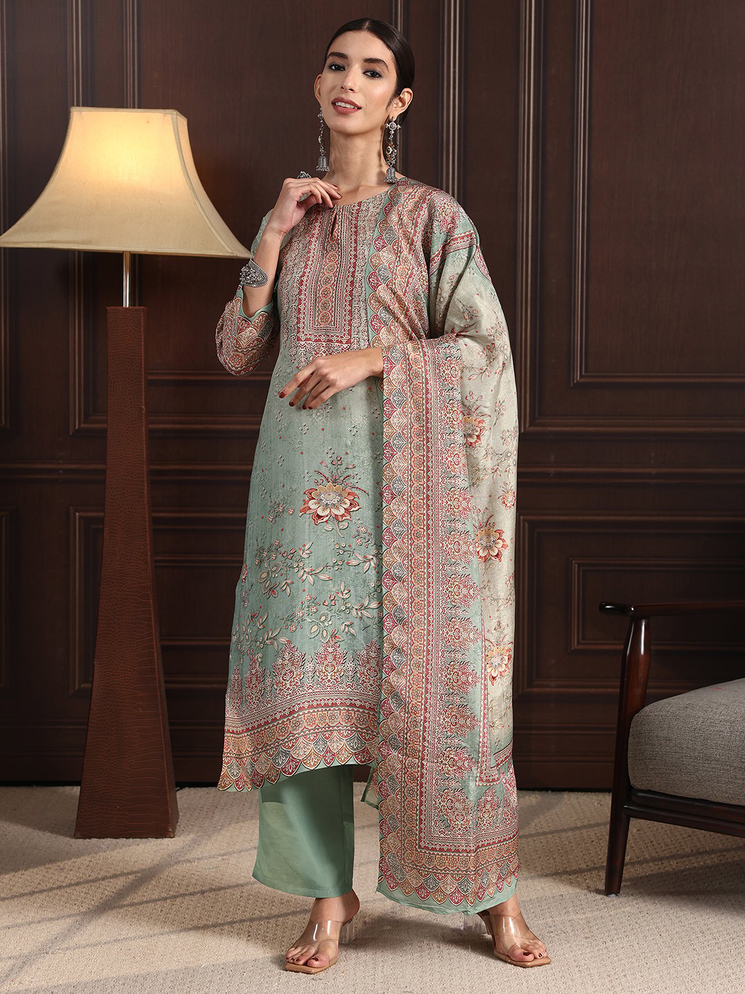 Green Printed Kurta Pants Dupatta Set