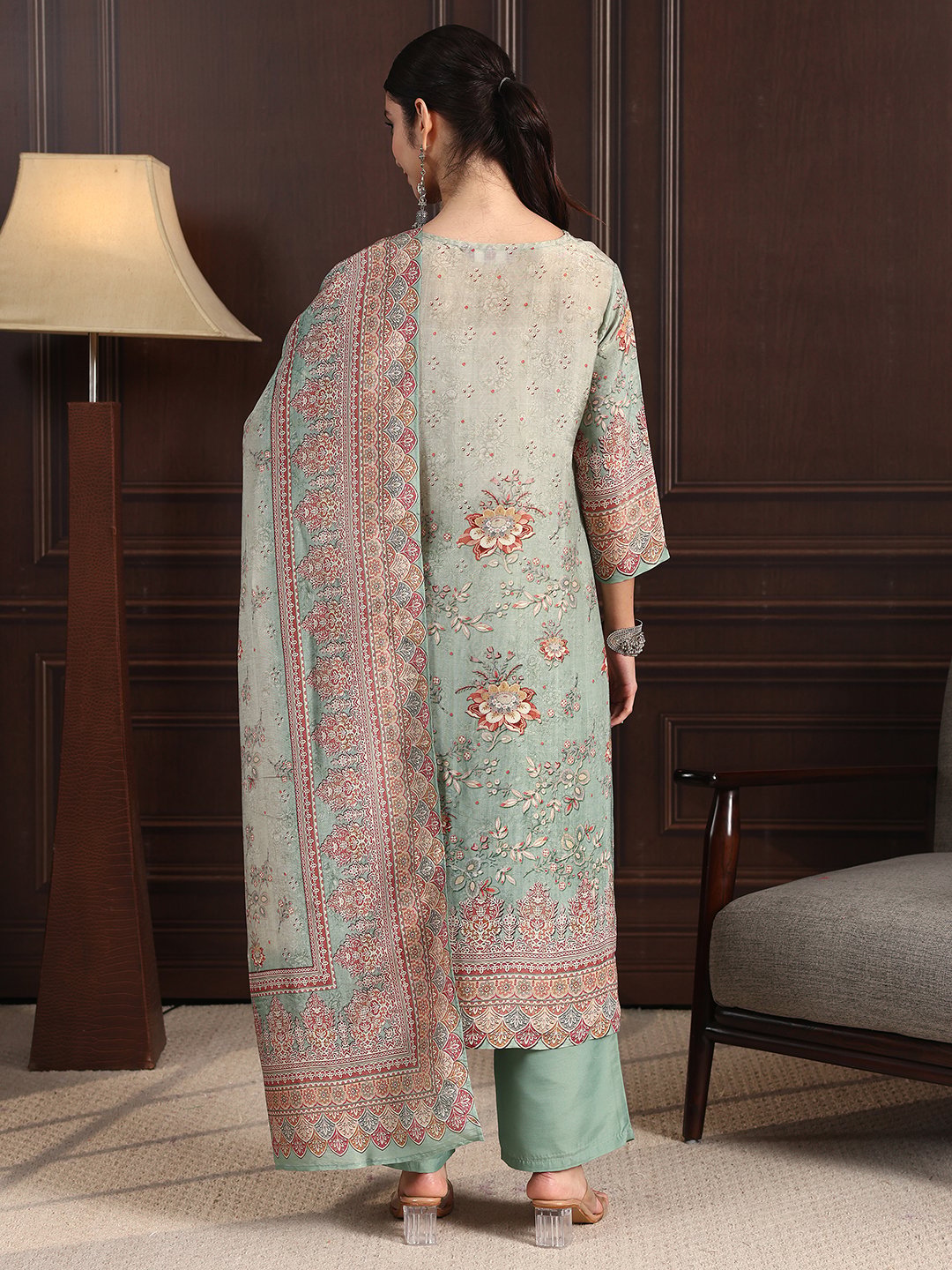 Green Printed Kurta Pants Dupatta Set