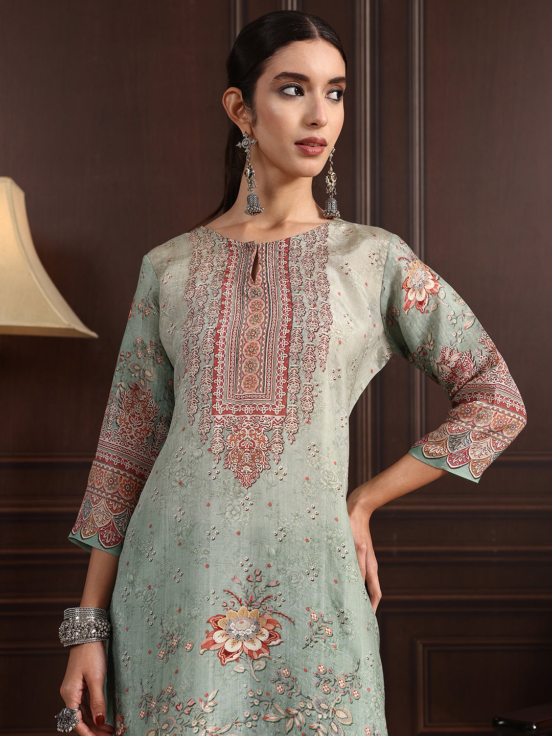 Green Printed Kurta Pants Dupatta Set