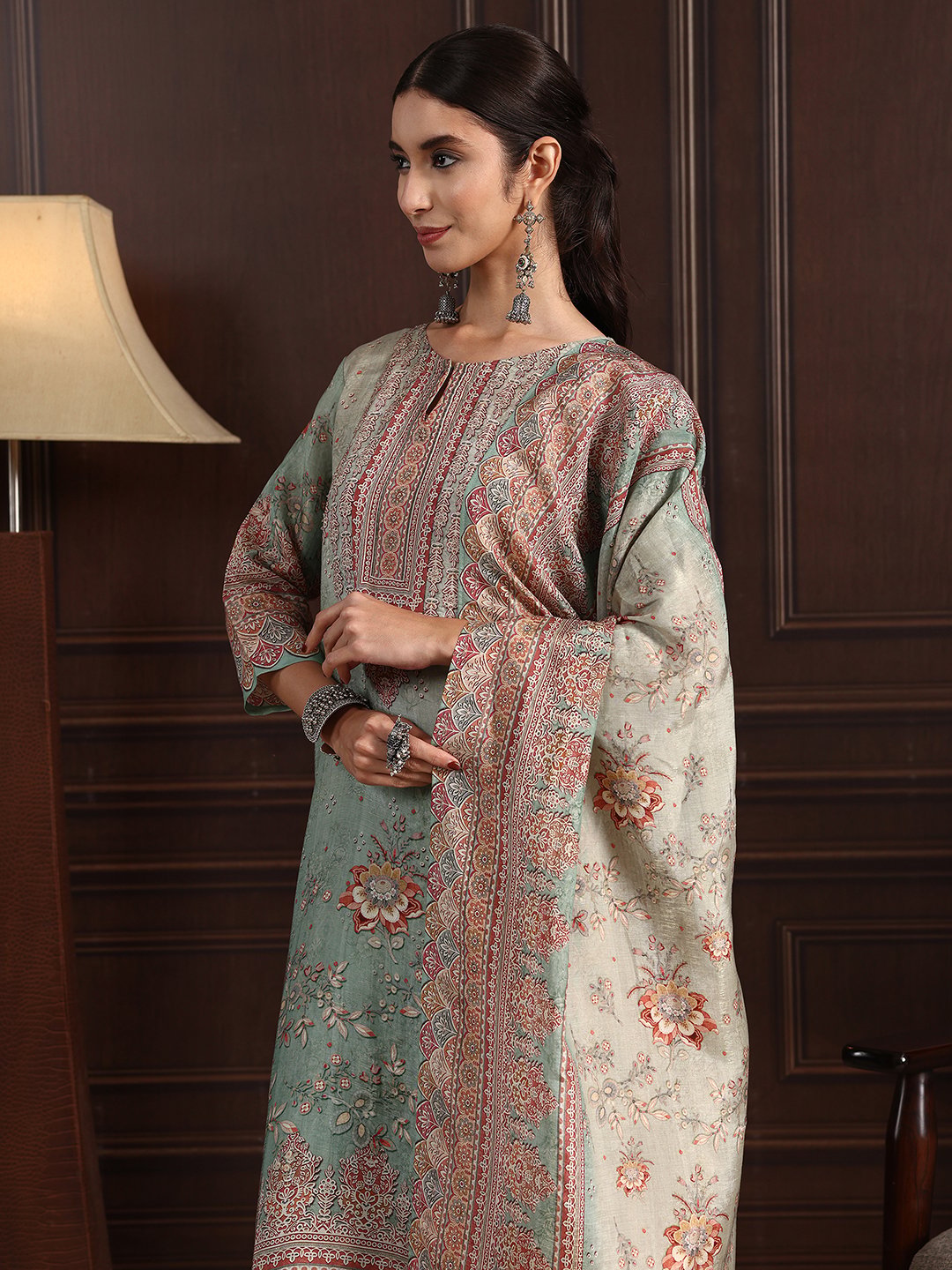 Green Printed Kurta Pants Dupatta Set