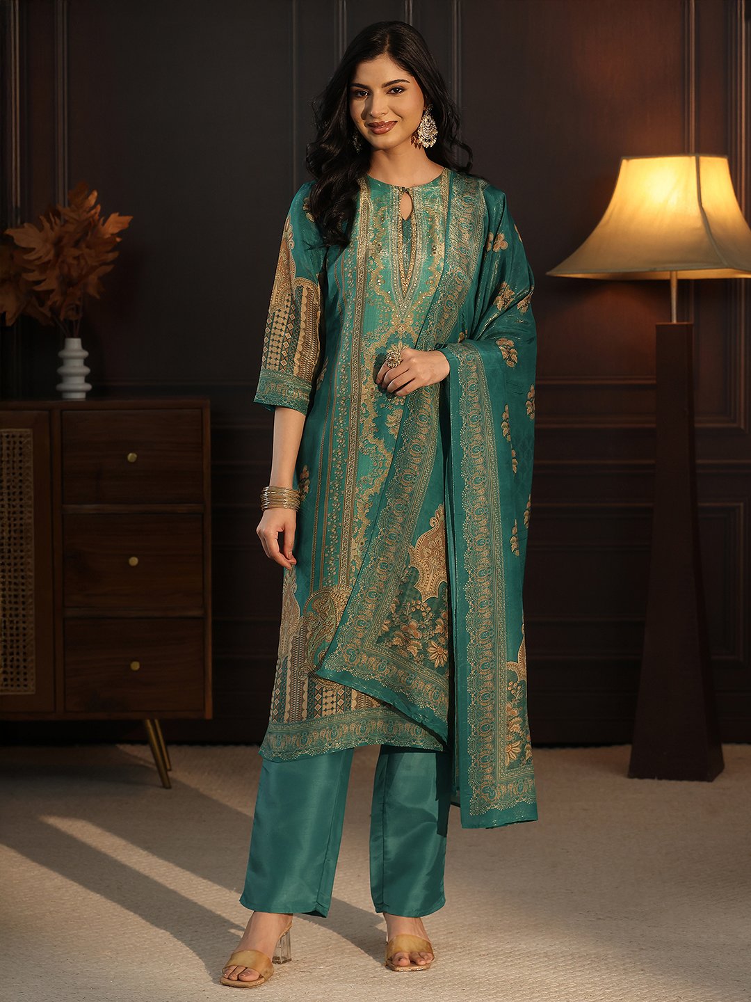 Teal Green Printed Silk Blend Kurta Set with Straight Pants and Dupatta