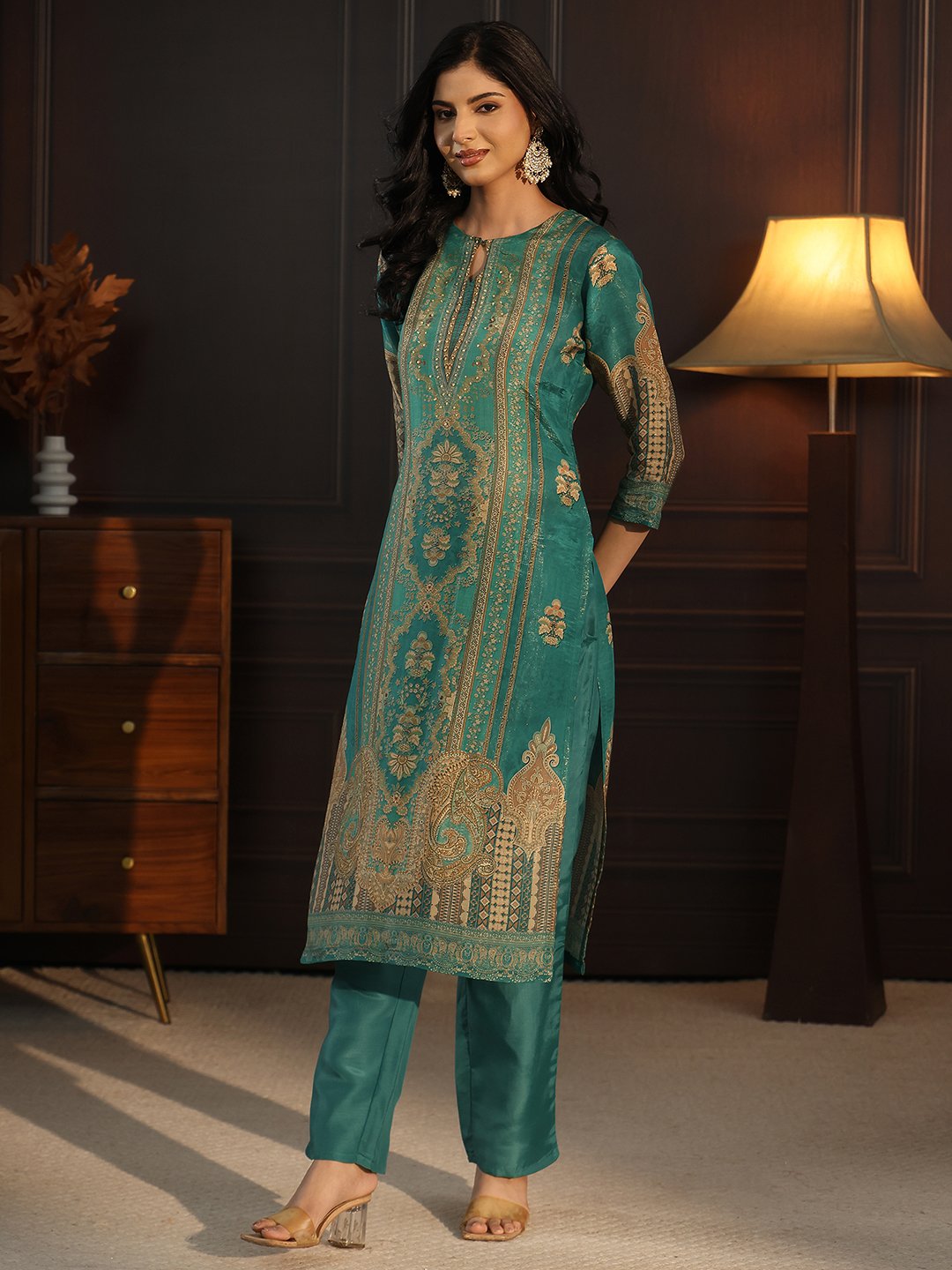 Teal Green Printed Silk Blend Kurta Set with Straight Pants and Dupatta