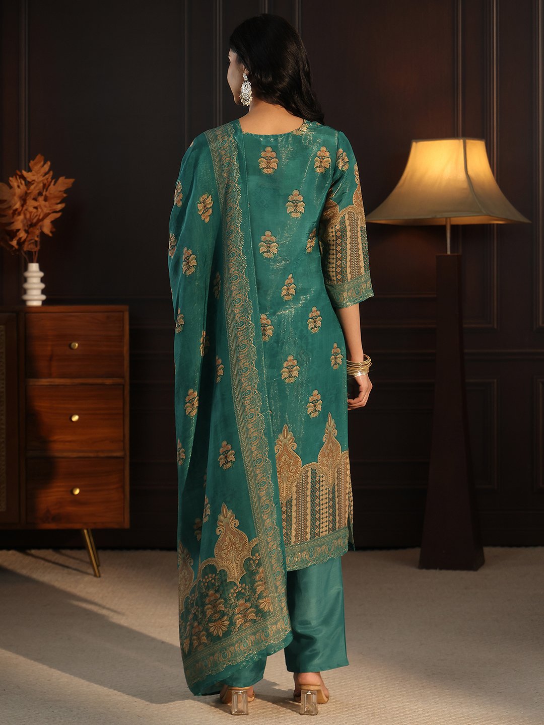 Teal Green Printed Silk Blend Kurta Set with Straight Pants and Dupatta