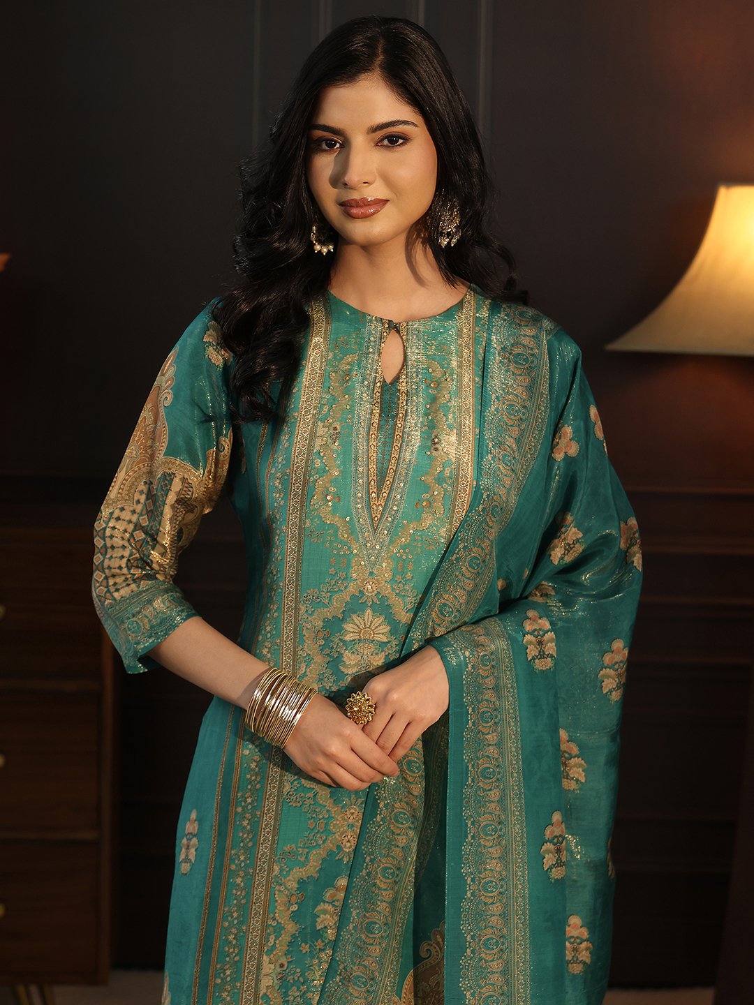 Teal Green Printed Silk Blend Kurta Set with Straight Pants and Dupatta