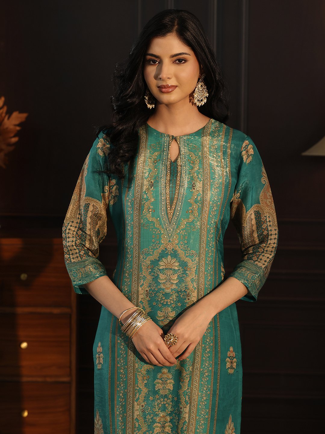 Teal Green Printed Silk Blend Kurta Set with Straight Pants and Dupatta