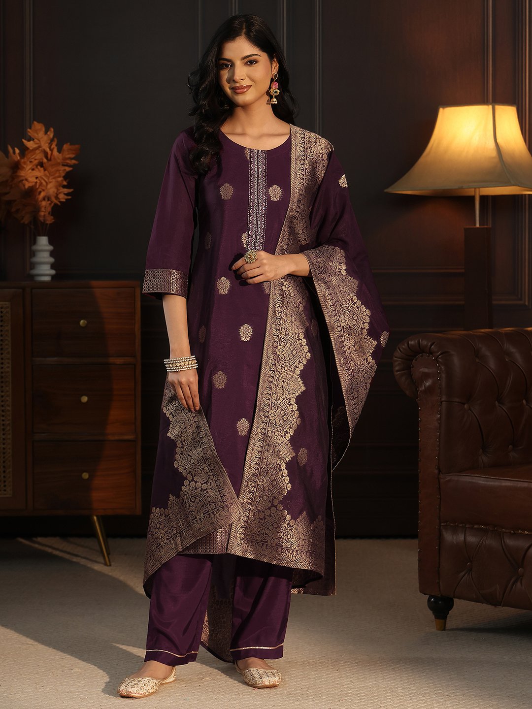 Burgundy Zari Woven Kurta Set with Straight Pants and Dupatta