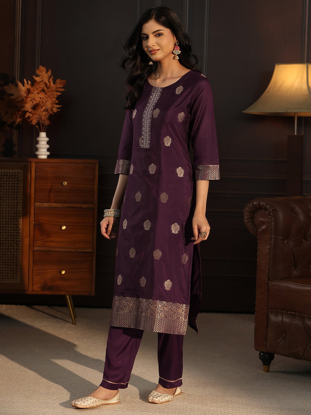 Burgundy Zari Woven Kurta Set with Straight Pants and Dupatta