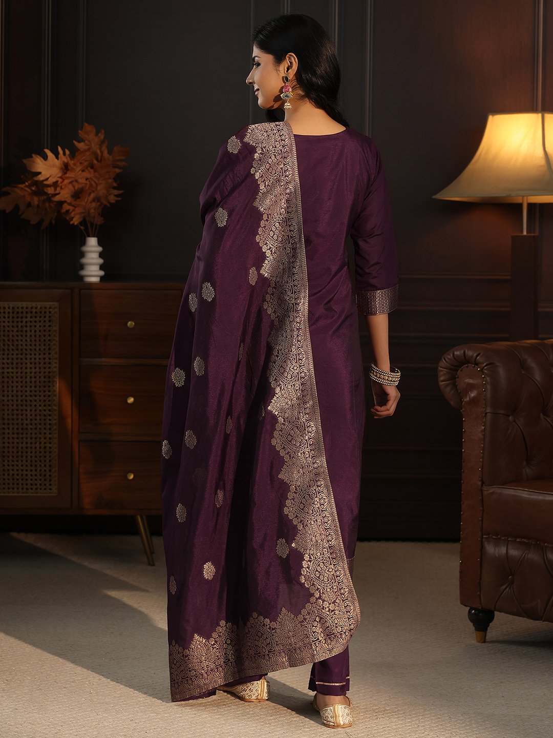 Burgundy Zari Woven Kurta Set with Straight Pants and Dupatta